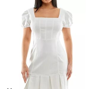 Planet Gold NWT White Puff Sleeve Denim Mini Dress Sz L Mini Dress Ruffle  Puff